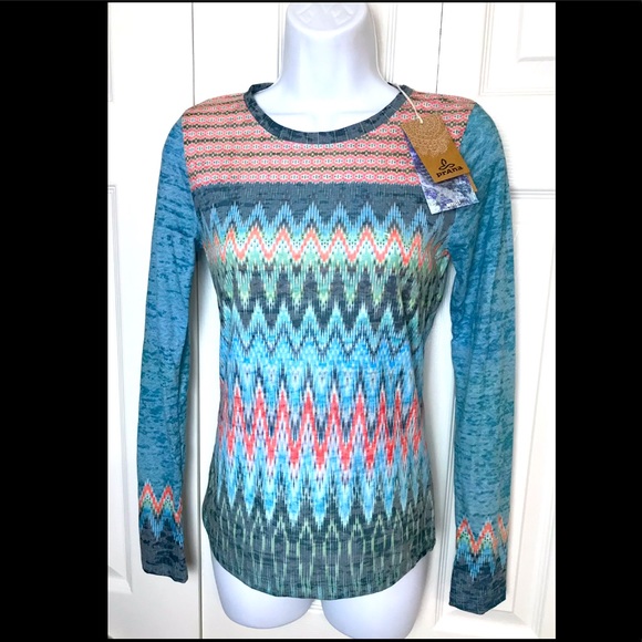 New PRANA Lottie Yoga Shirt Top Long Sleeve In Willow Burnout Tee Chevron Organi - Picture 2 of 14